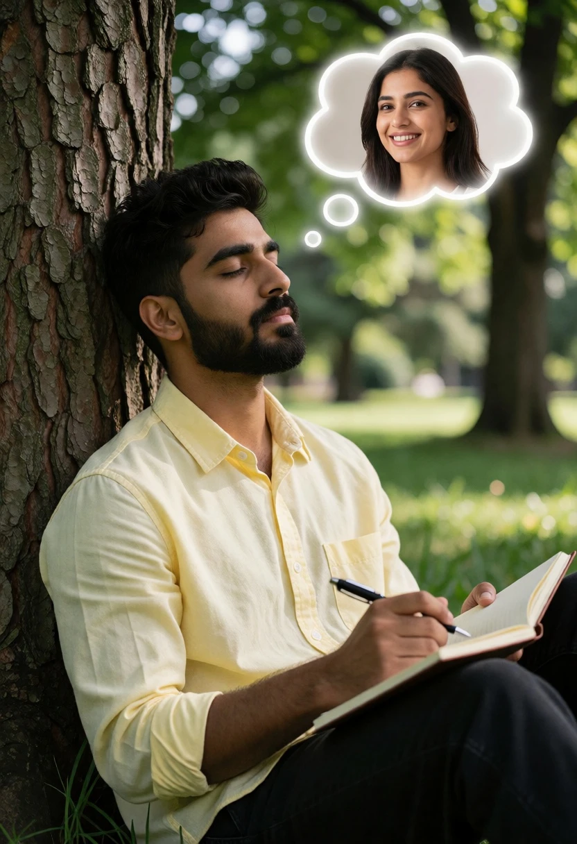 Young man writing in notebook against tree trunk in lush park setting - AI generated image prompt sample