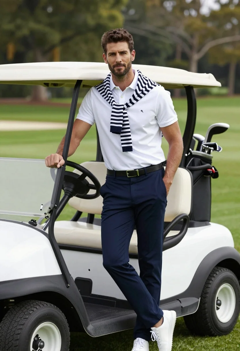 Handsome man leaning on white golf cart at sunny green outdoor course - AI generated image prompt sample
