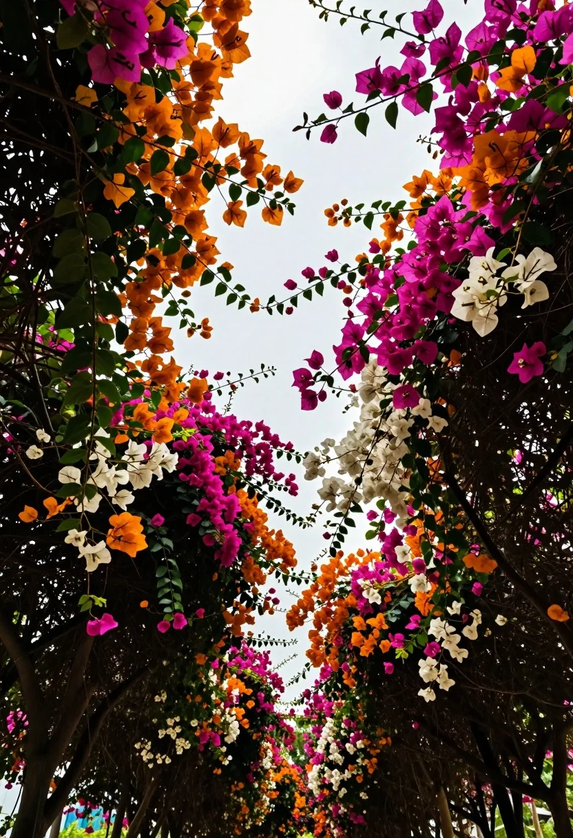Low angle view looking up through vibrant bougainvillea flower tunnel canopy - AI generated image prompt sample