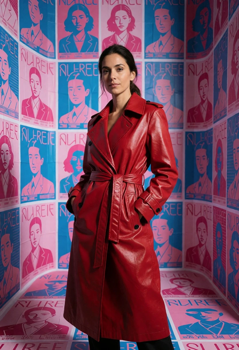 Woman in red trench coat standing amidst pink and blue graphic art - AI generated image prompt sample