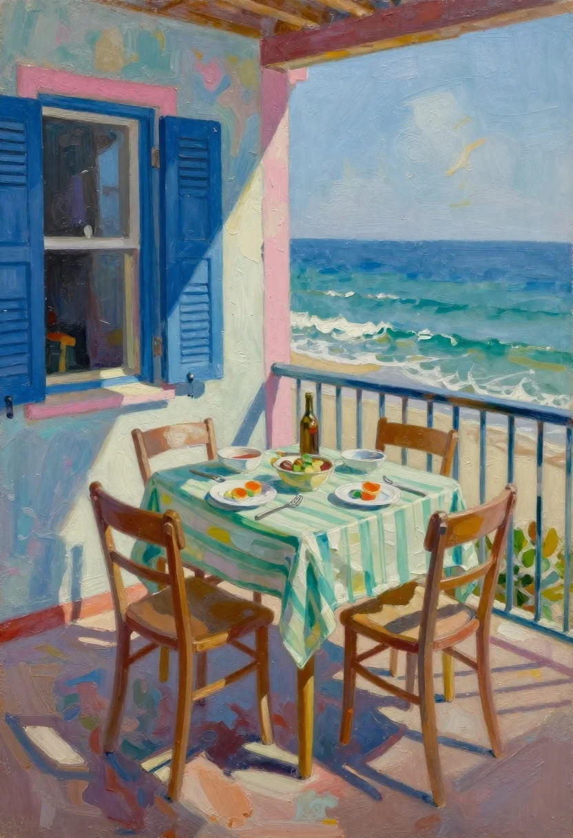 Oil painting of sunlit balcony dining scene overlooking ocean - AI generated image prompt sample