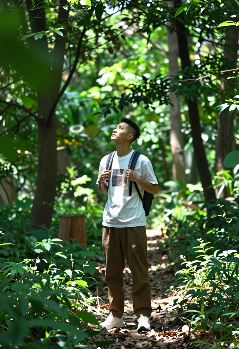 Young man looking up in a lush green forest path with dappled - AI generated image prompt sample