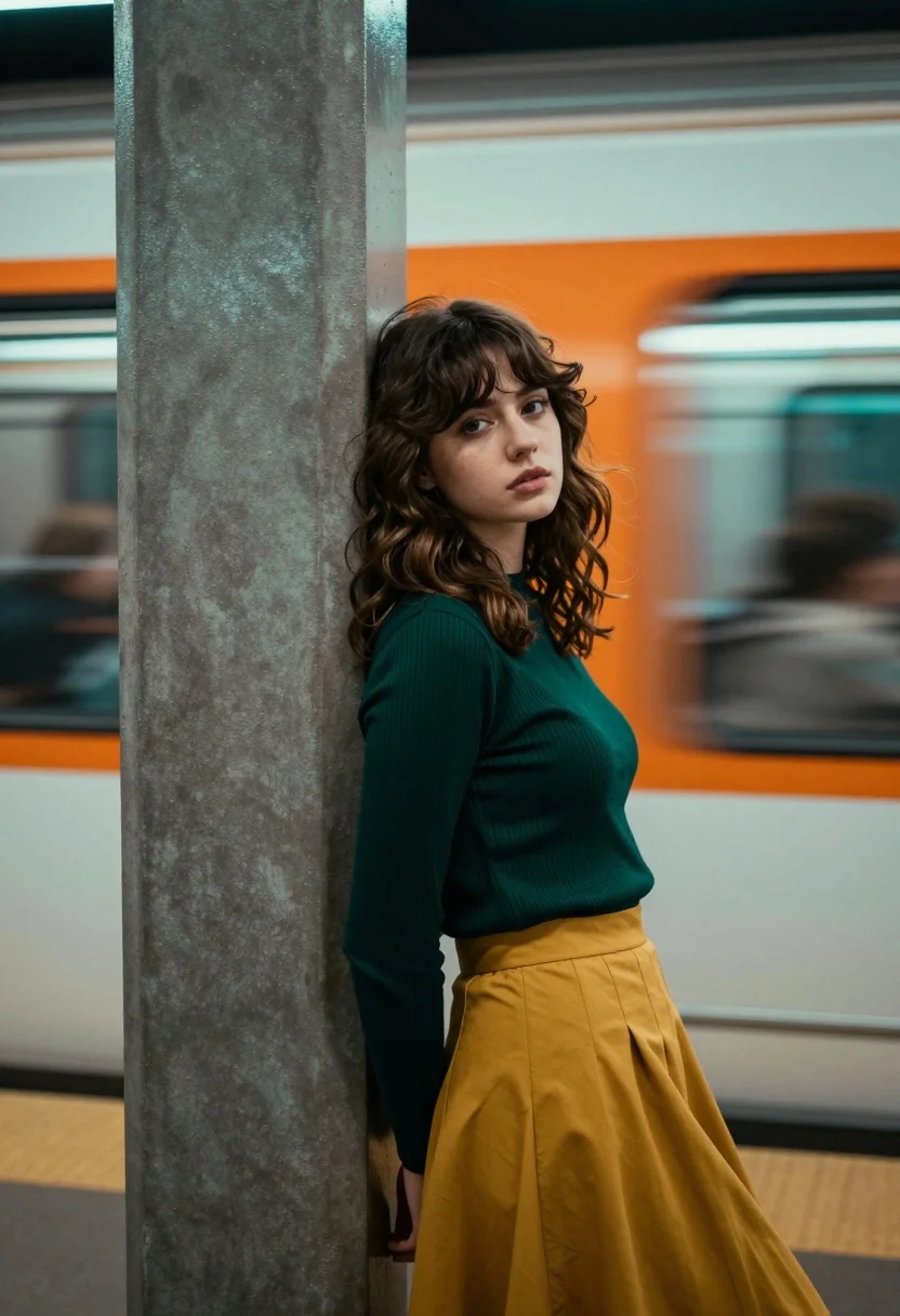 Young woman leaning on pillar in subway station with passing train streaks - AI generated image prompt sample