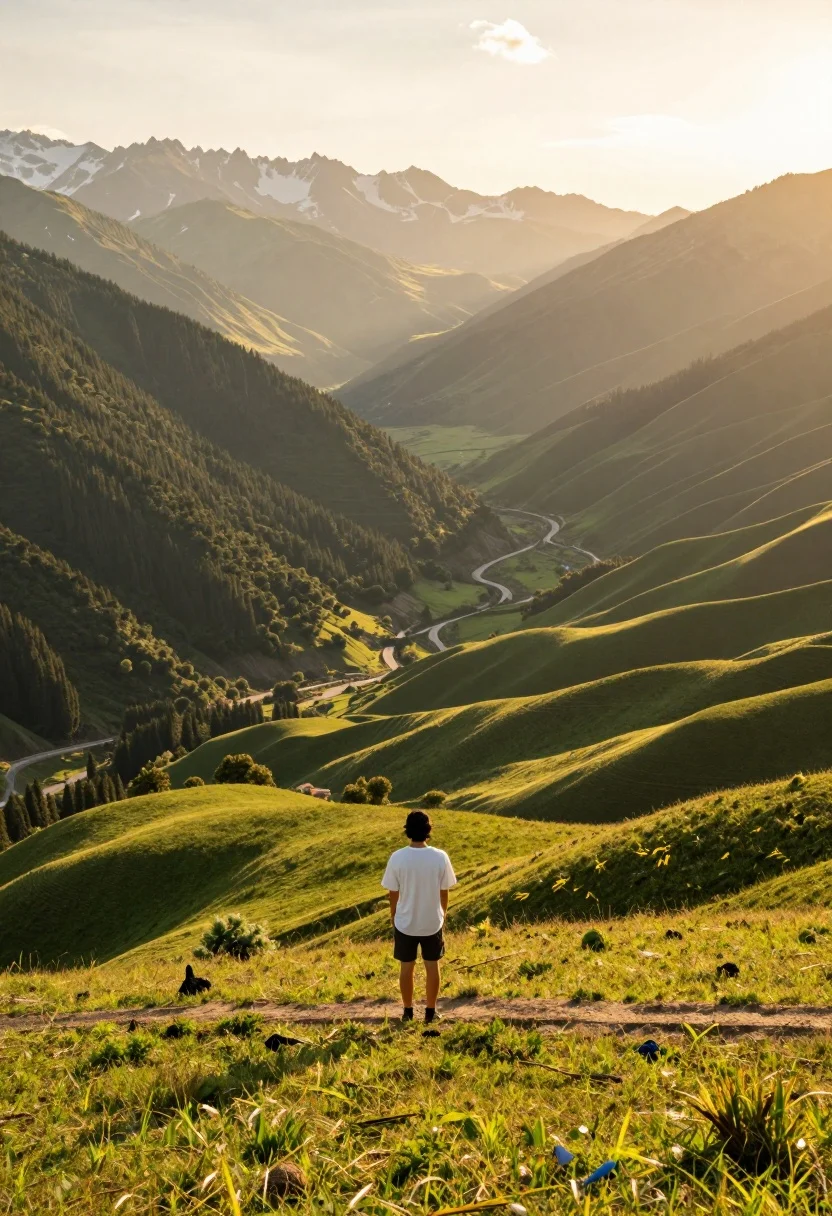 Solitary figure on grassy hill overlooking vast mountain valley at golden hour - AI generated image prompt sample