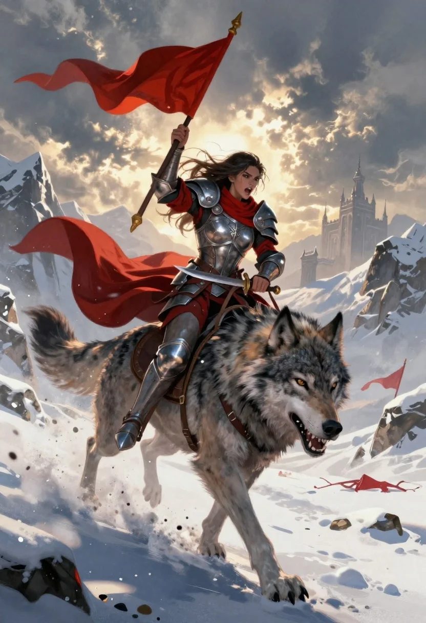 Warrior woman riding wolf through snowy mountains