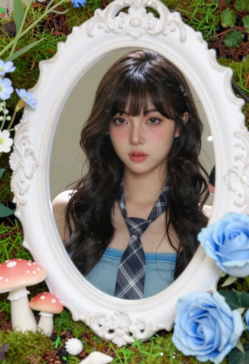 Young woman with dark hair framed by ornate mirror and flowers - AI generated image prompt sample