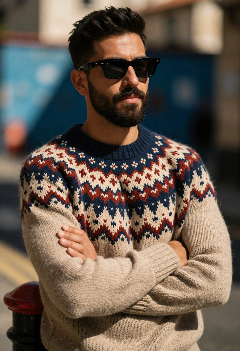 Man outdoors wearing patterned sweater and sunglasses in urban setting - AI generated image prompt sample