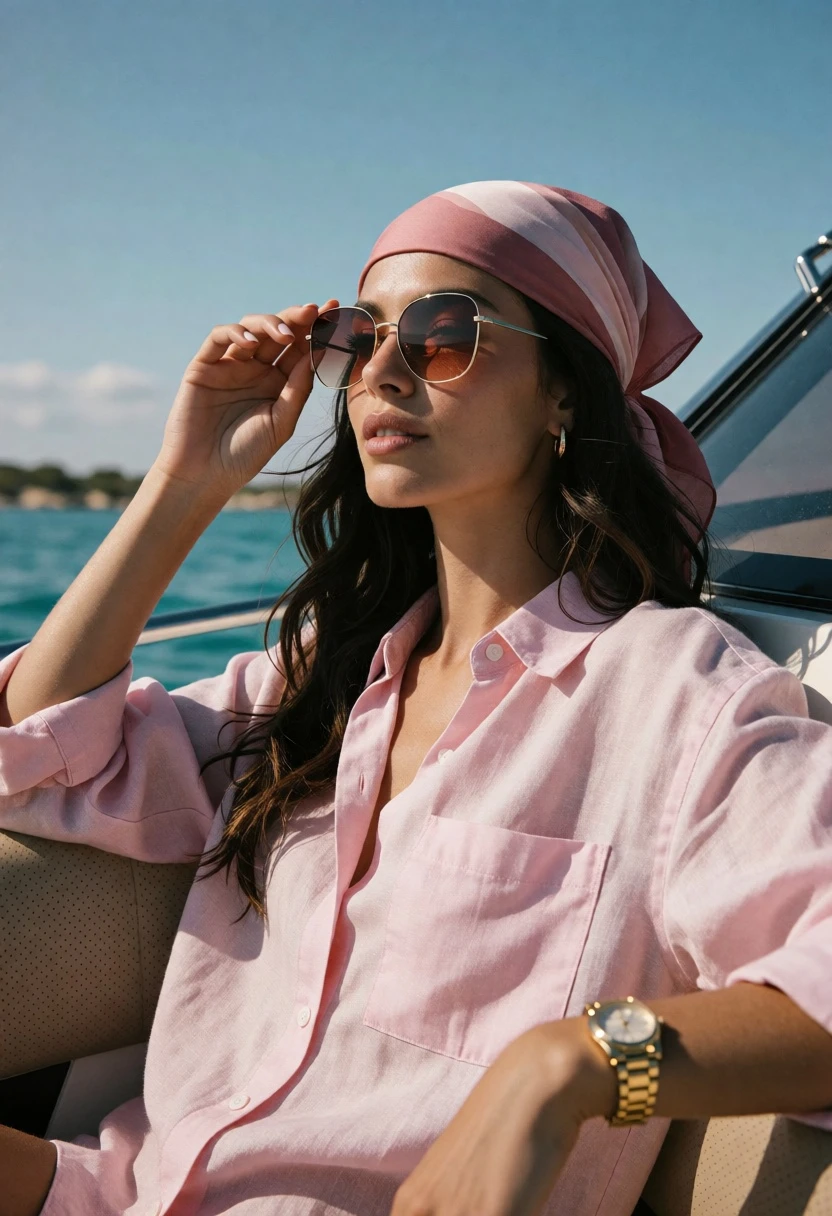 Young woman in pink linen shirt on boat under bright sunlight - AI generated image prompt sample