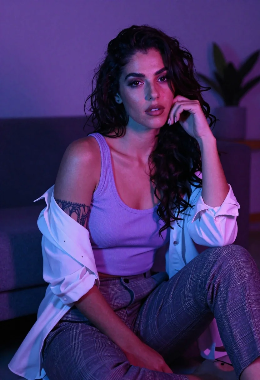 Confident woman with dark wavy hair in lavender top indoors