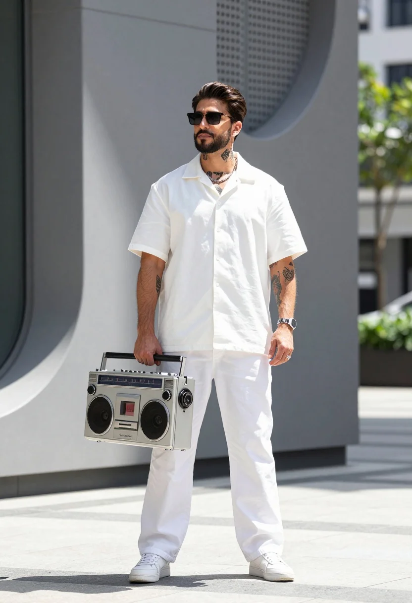 Stylish man holding vintage boombox against modern grey architectural backdrop outdoors - AI generated image prompt sample