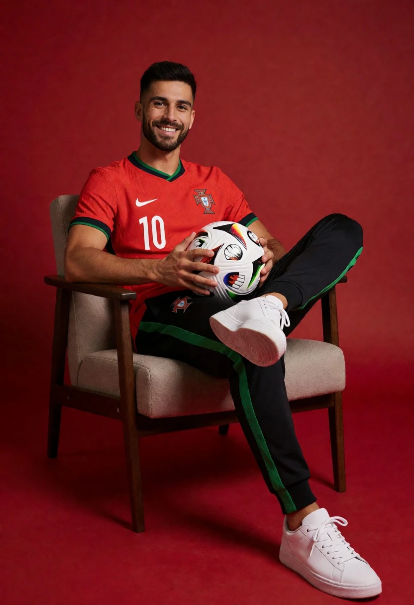Smiling man in portugal soccer jersey sitting on armchair against red backdrop - AI generated image prompt sample