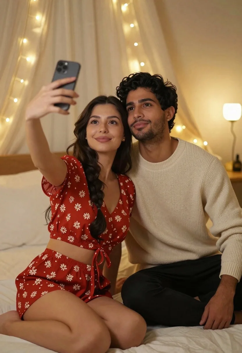 Young couple taking a selfie in cozy bedroom with fairy lights - AI generated image prompt sample