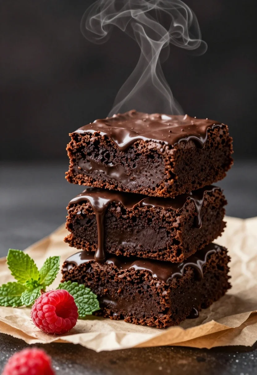 Stack of glossy dark chocolate brownies with raspberry and mint on parchment - AI generated image prompt sample