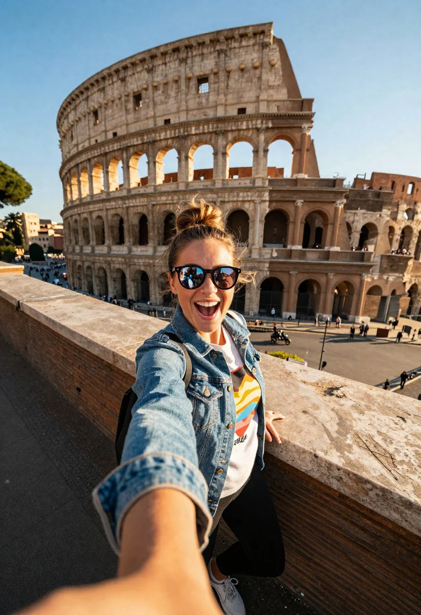 Excited tourist taking selfie at the colosseum during golden hour