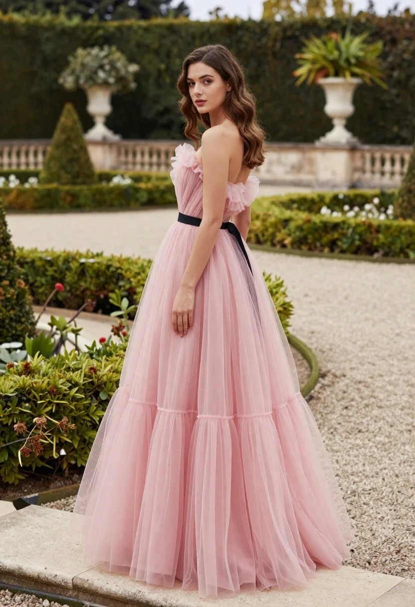 Young woman in pink tulle gown standing in formal garden setting - AI generated image prompt sample