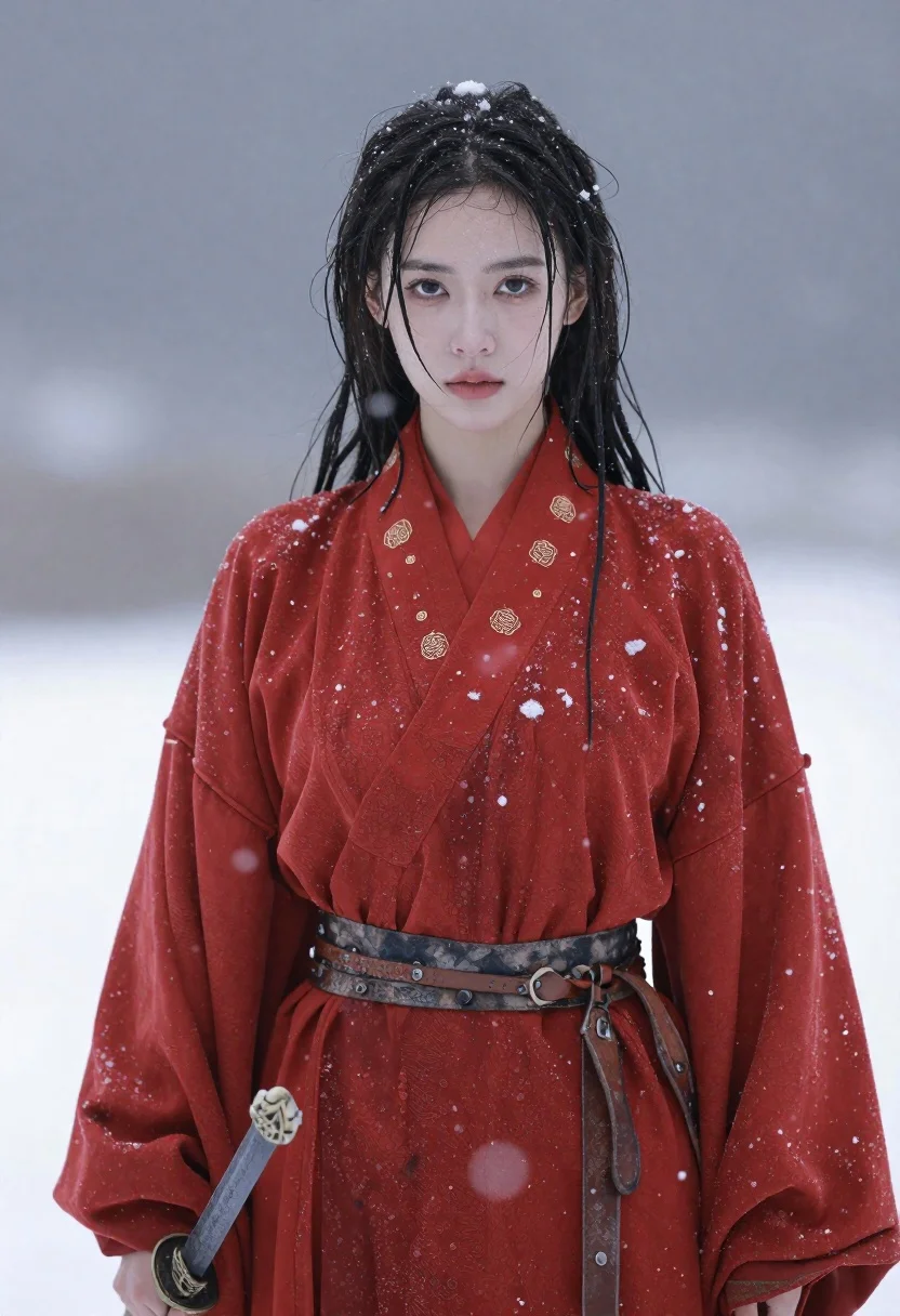 Young woman in red robes with wet hair holding a sword - AI generated image prompt sample