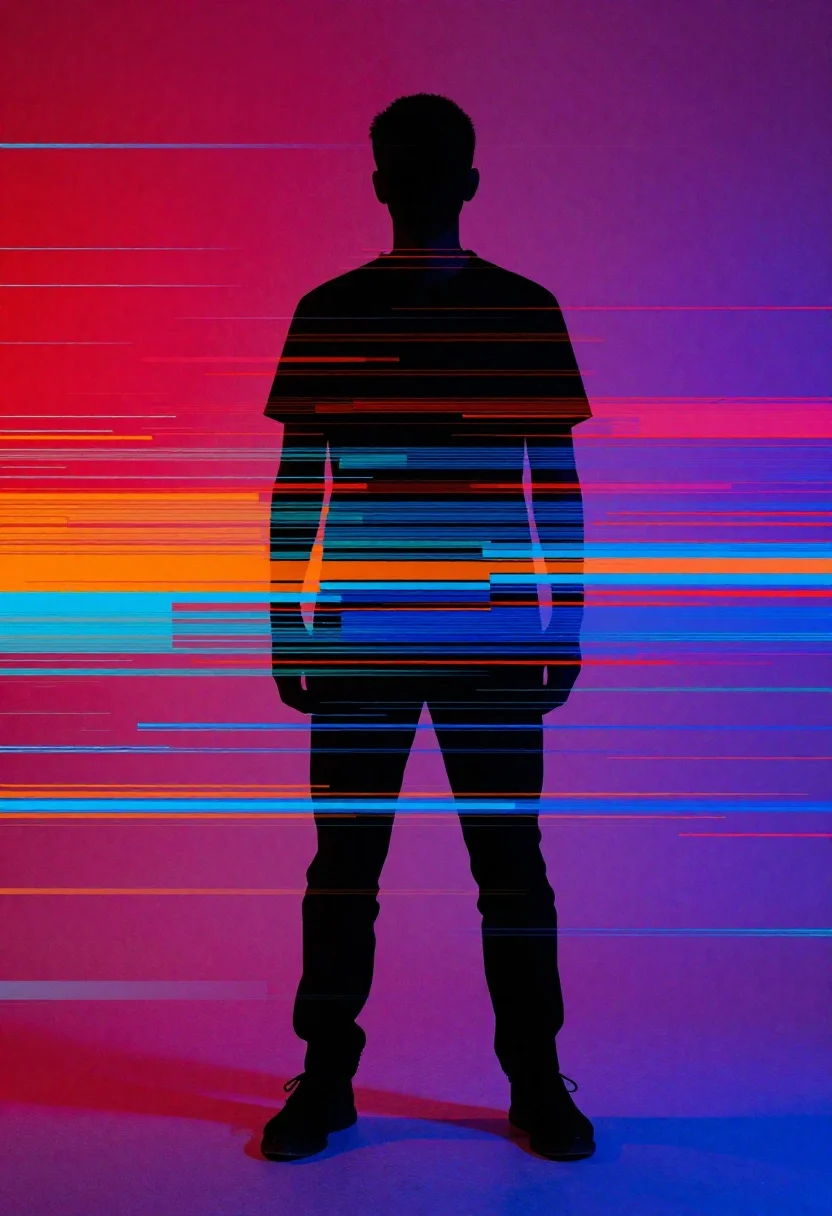 Glitch portrait of man made of digital color lines - AI generated image prompt sample