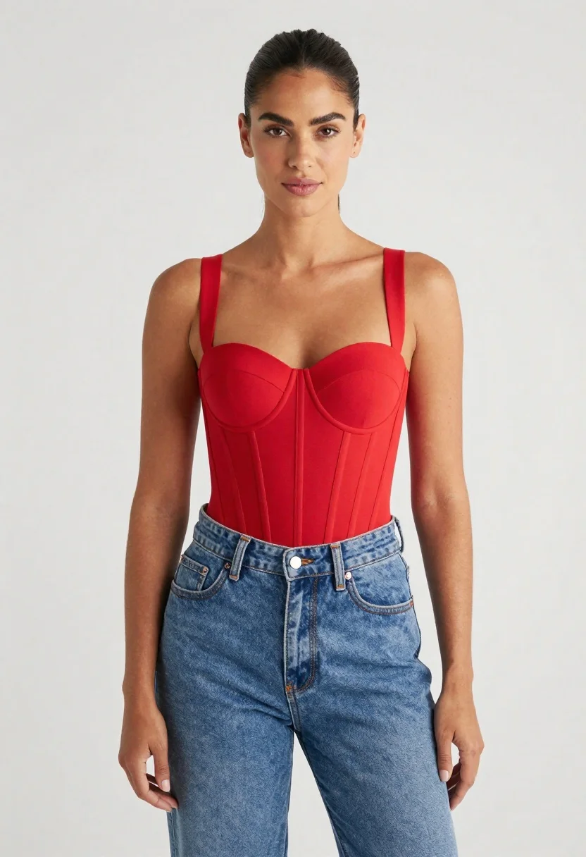 Confident woman in red corset top and blue jeans standing in a - AI generated image prompt sample