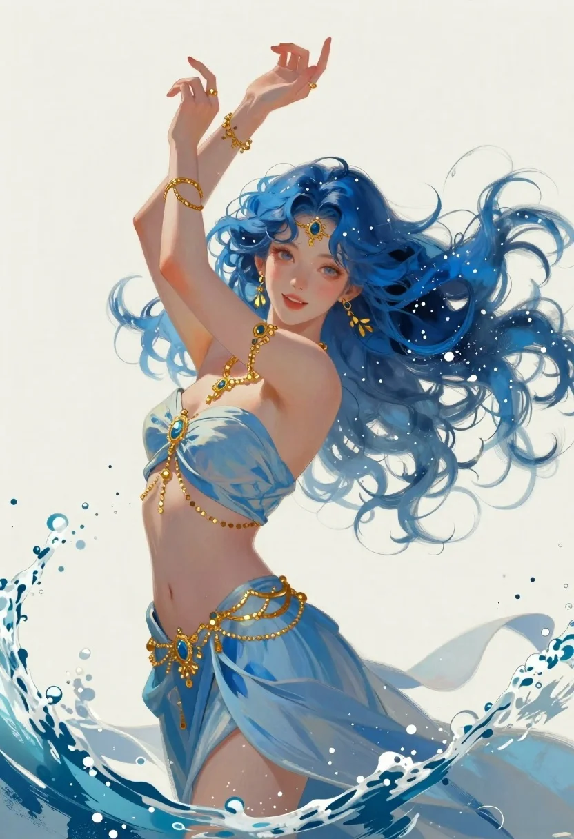 Woman with blue hair surrounded by ocean water painting - AI generated image prompt sample
