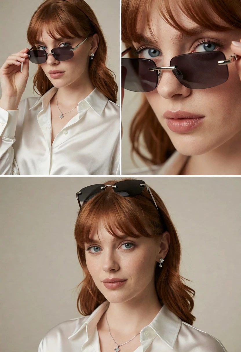 Collage of three high fashion portraits featuring a woman with reddish brown - AI generated image prompt sample