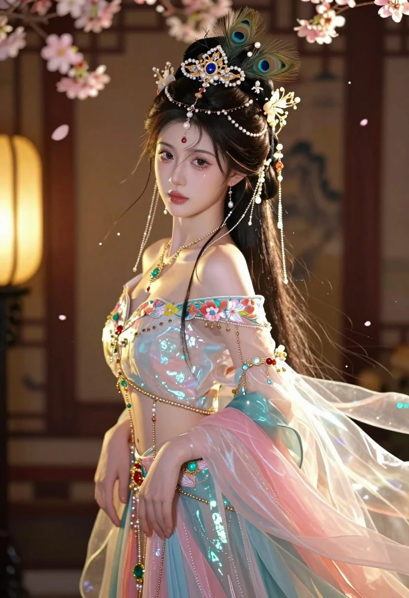 Portrait of young woman in iridescent gown with asian ornaments - AI generated image prompt sample