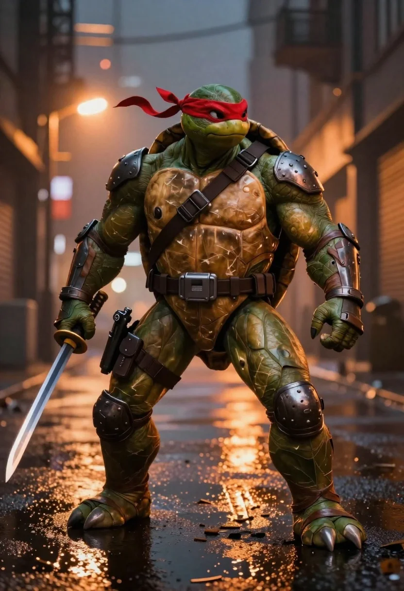 Muscular turtle in combat gear on wet city pavement