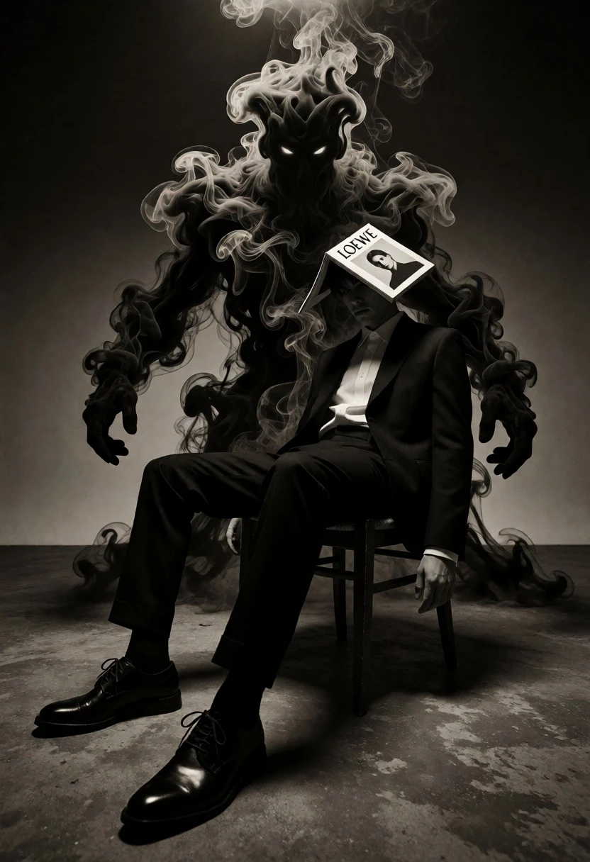 Surreal figure in suit seated on chair with smoke entity behind - AI generated image prompt sample