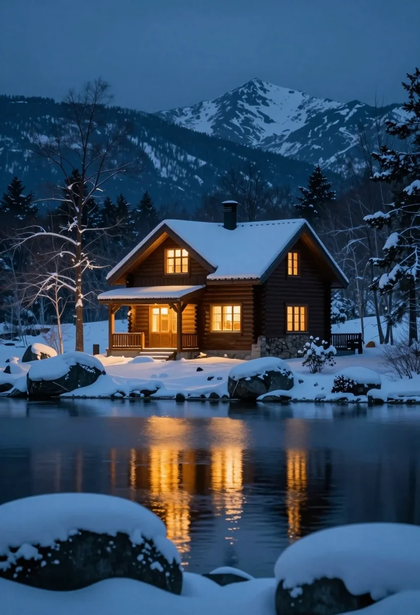 Rustic wooden cabin glowing beside calm lake under snowy winter night sky - AI generated image prompt sample
