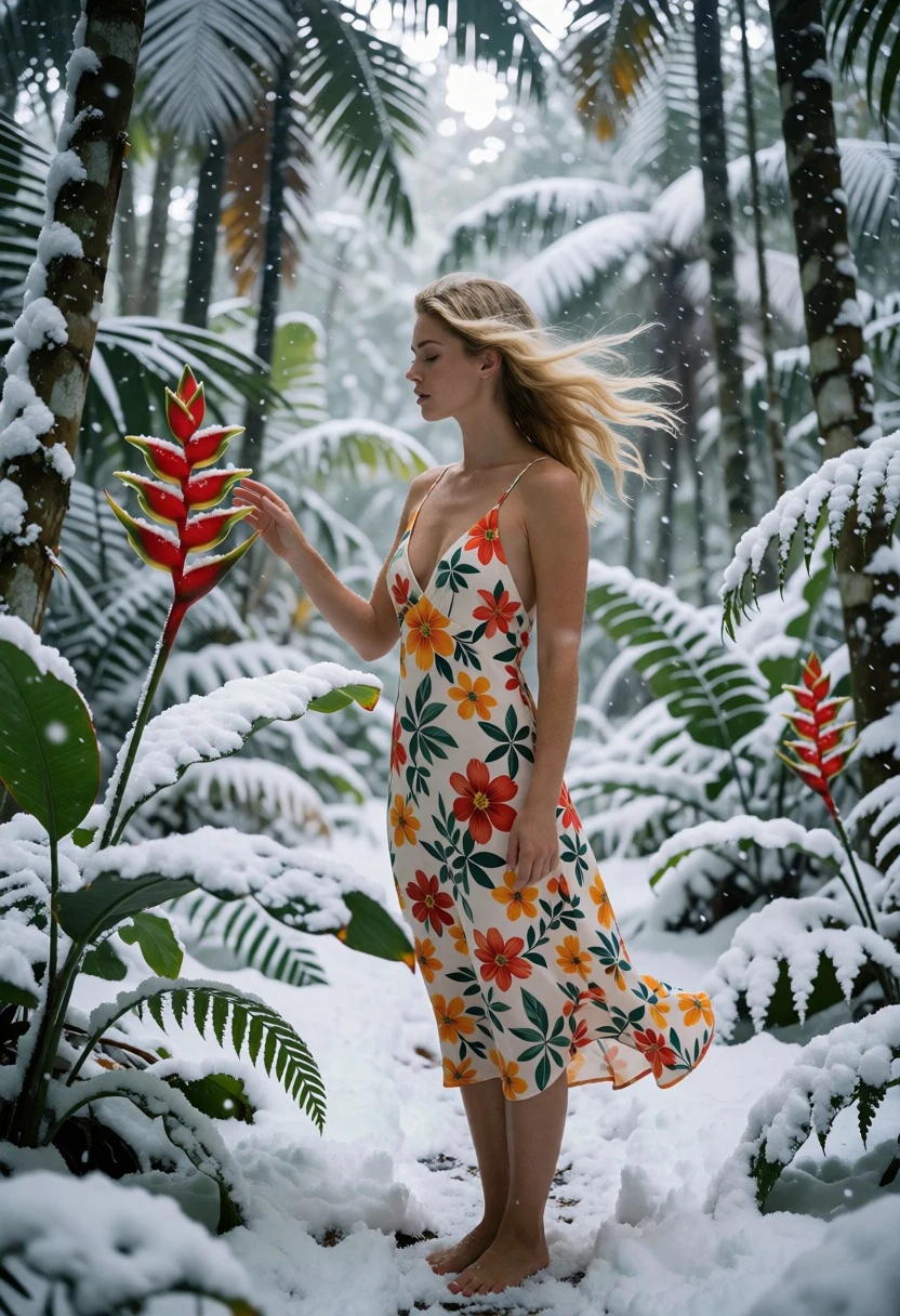 Blonde woman in floral slip dress touching red flower in snowy jungle - AI generated image prompt sample