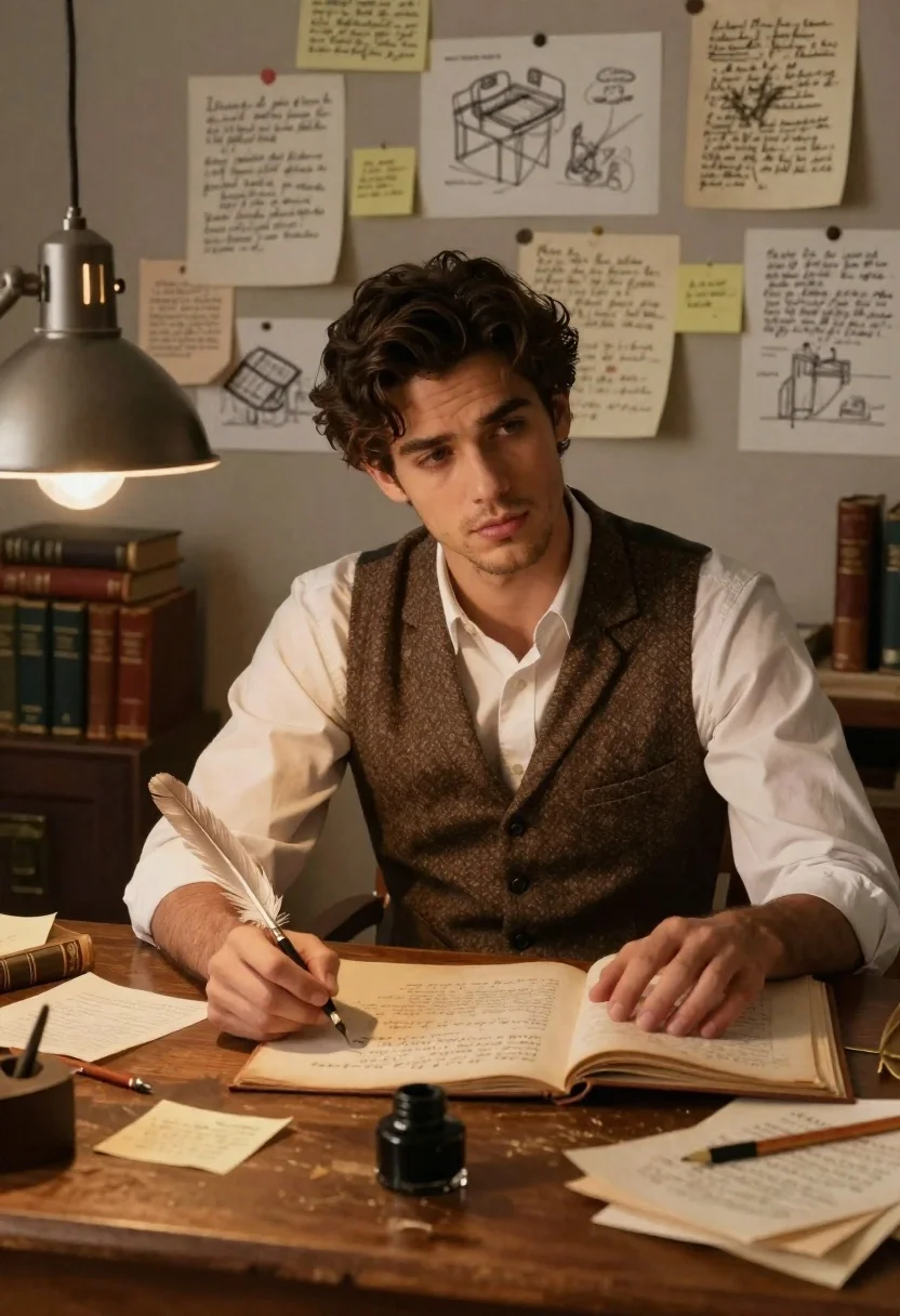 Young man writing at a cluttered wooden study desk