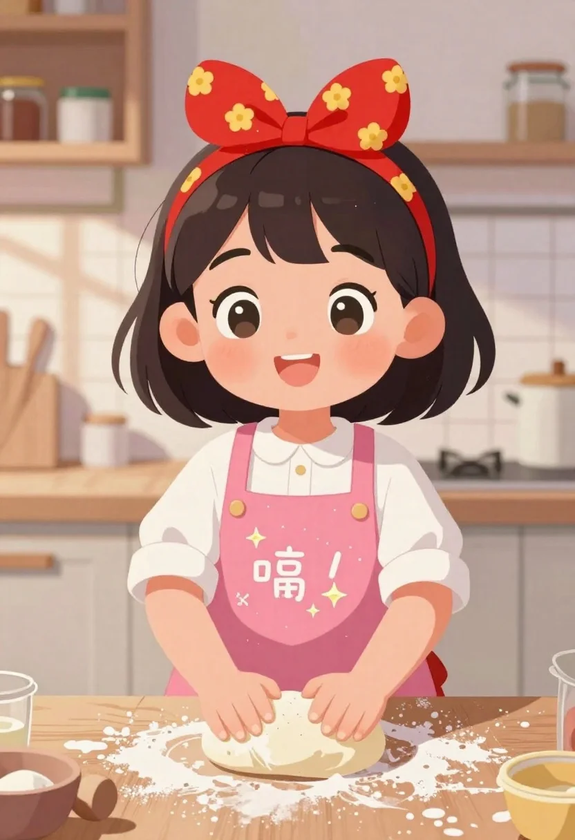 Cheerful girl kneading dough in cozy kitchen setting