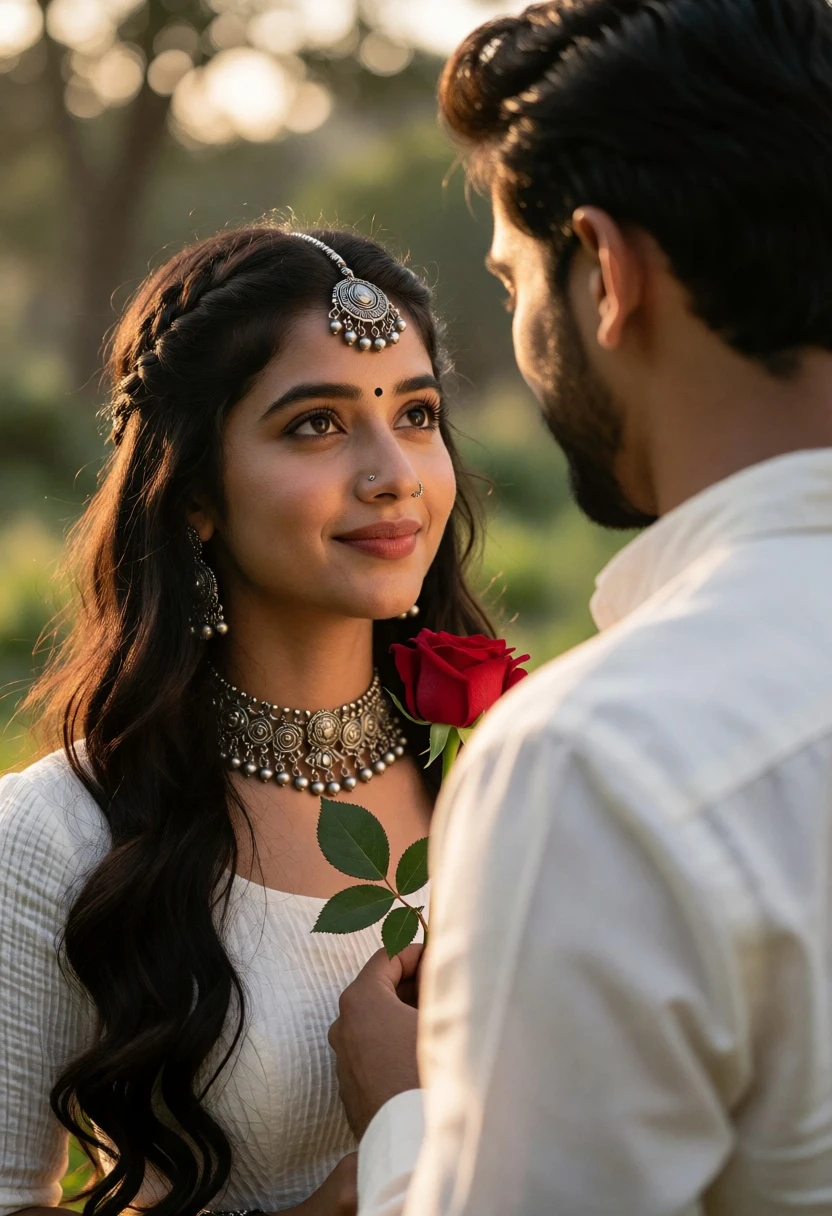 Young woman holding red rose gazing at man in golden hour garden - AI generated image prompt sample