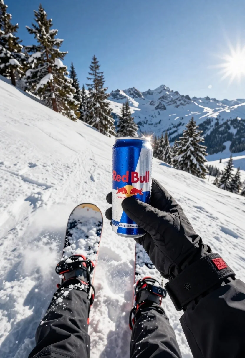 First person view of snowboarder riding down snowy mountain slope - AI generated image prompt sample