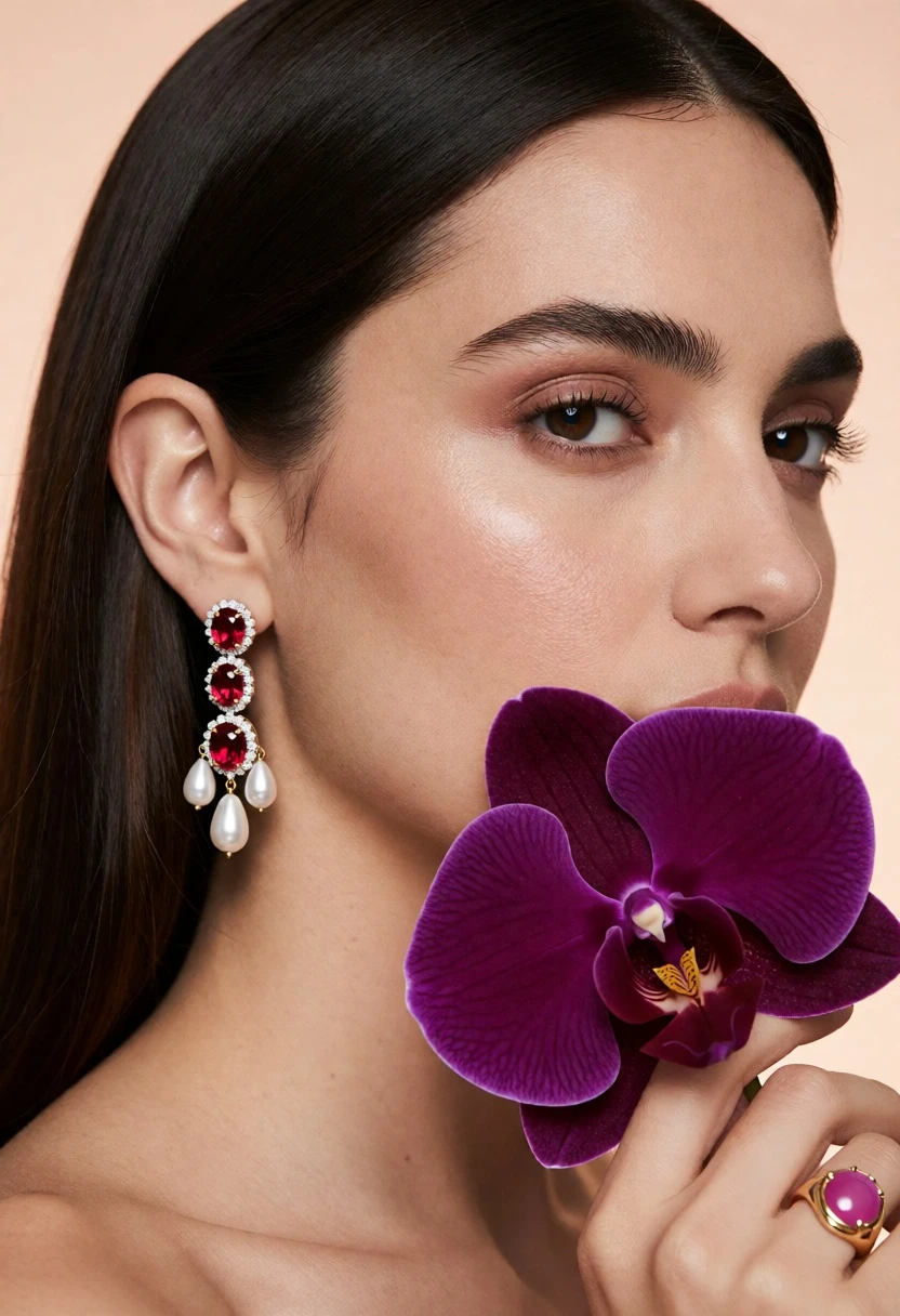 Close up profile portrait of woman holding purple orchid against her cheek - AI generated image prompt sample