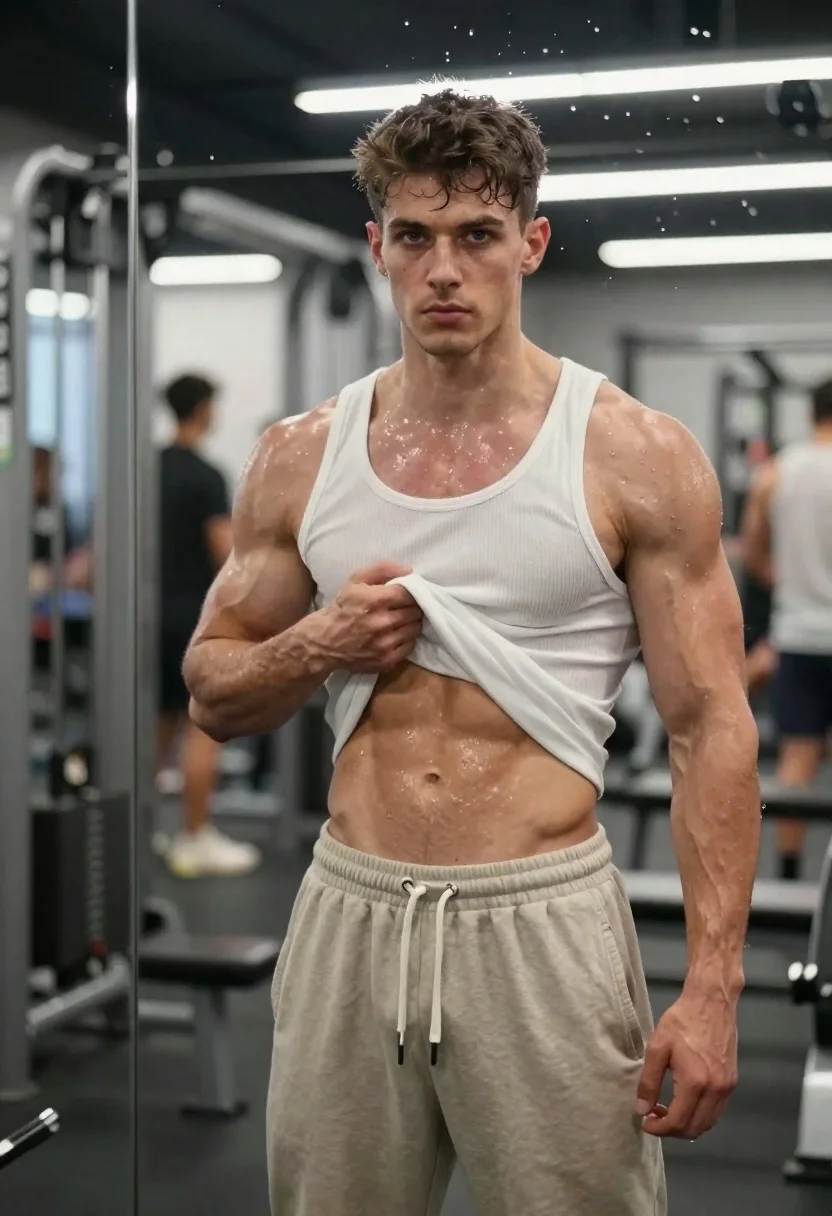 Muscular man in white tank top posing inside a fitness gym - AI generated image prompt sample