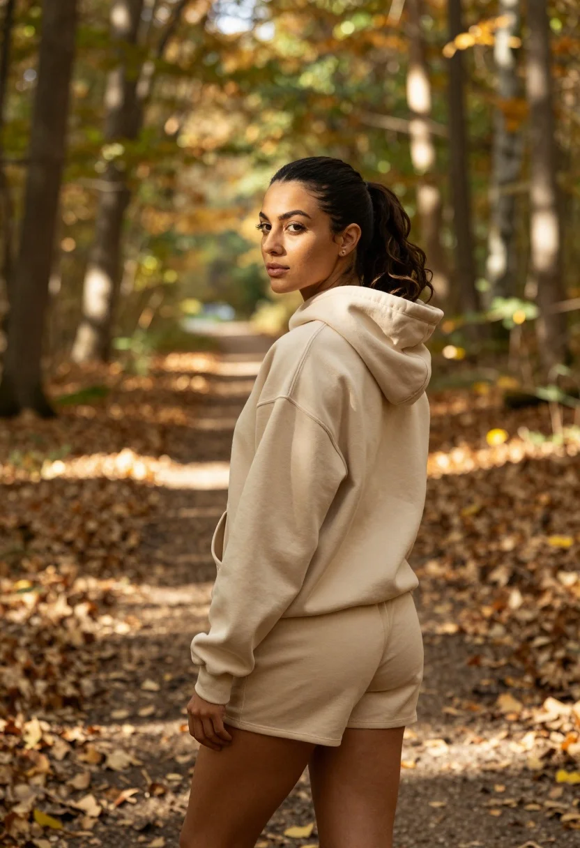 Woman in beige sweatshirt looking back over shoulder in sunlit forest - AI generated image prompt sample