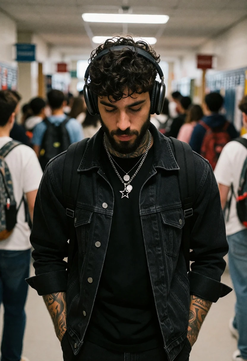 Young man with dark curly hair walking through busy school hallway - AI generated image prompt sample