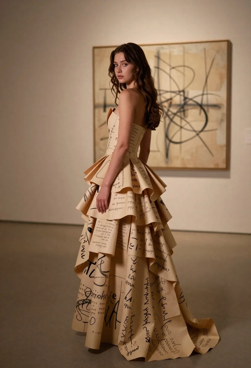 Woman in paper gown standing in minimalist art gallery setting - AI generated image prompt sample