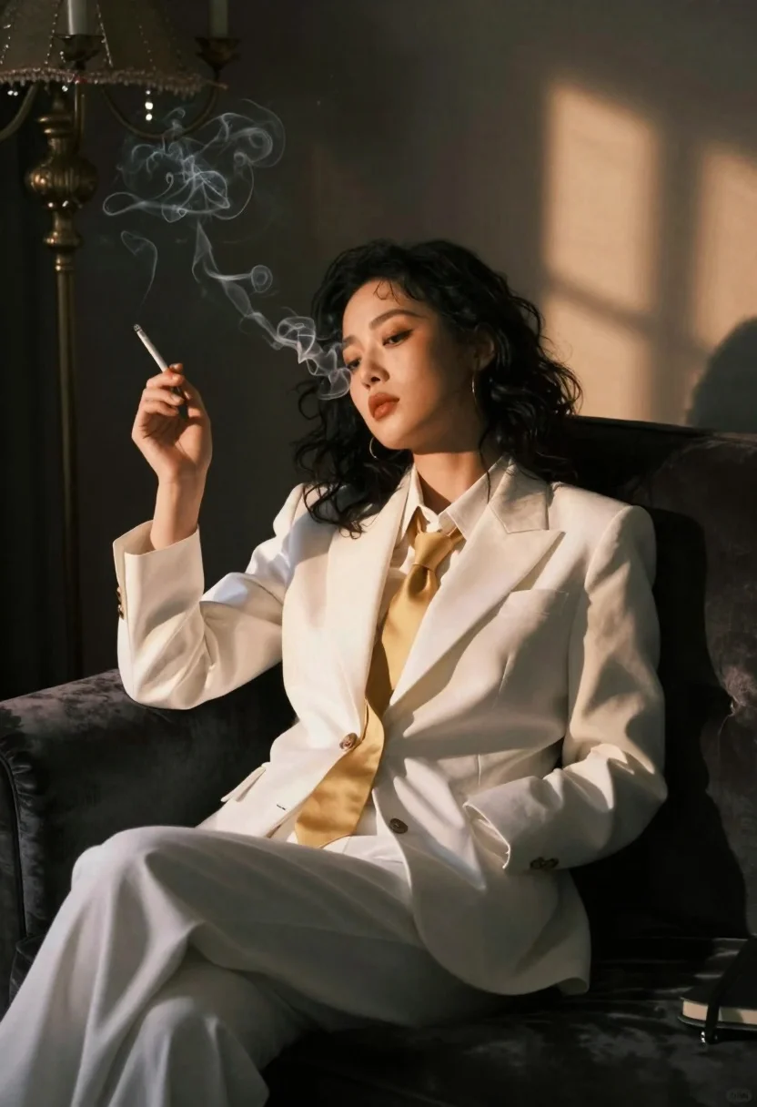 Woman in white suit on dark velvet couch with cigarette