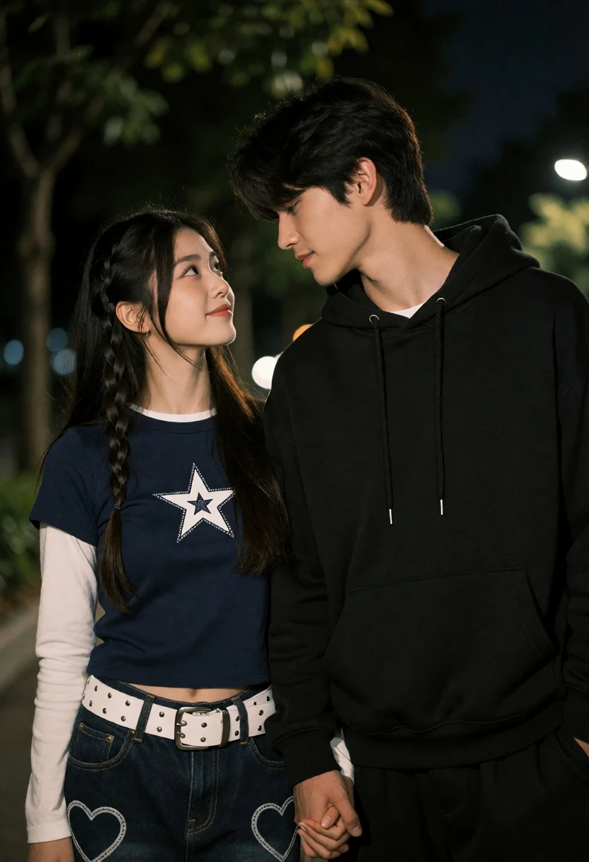 Young couple holding hands gazing into each others eyes at night outdoors - AI generated image prompt sample