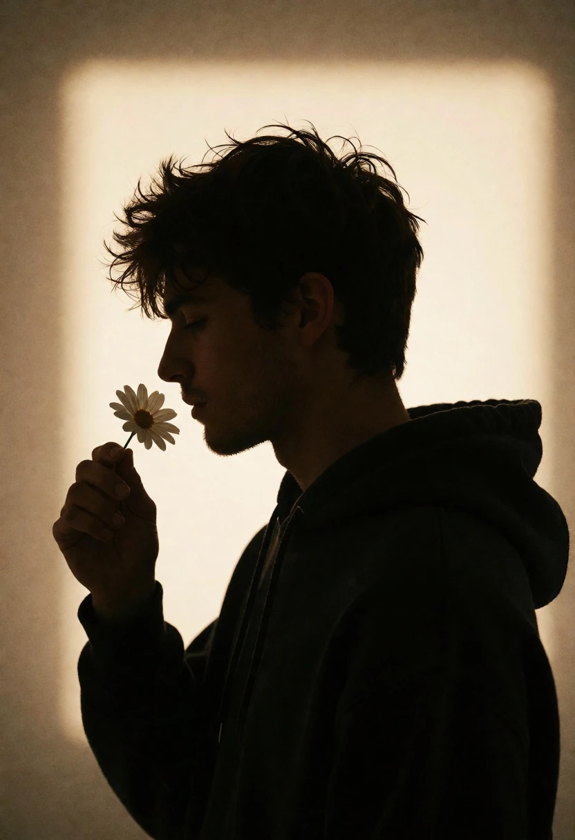 Silhouette of young man in profile holding white flower against sepia background - AI generated image prompt sample