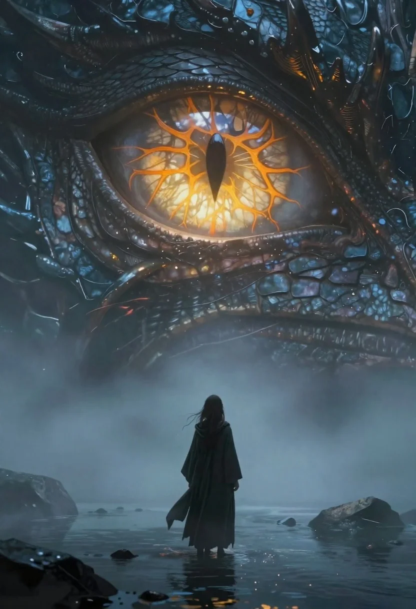 Figure before colossal glowing dragon eye in misty water