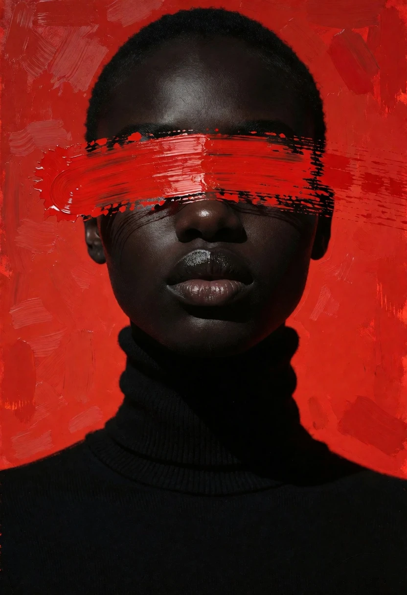 Close up portrait of dark skinned person with black turtleneck against vivid - AI generated image prompt sample