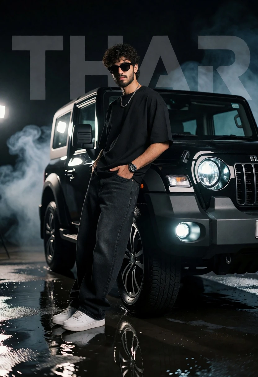 Young man leaning on black suv in dramatic studio setting - AI generated image prompt sample