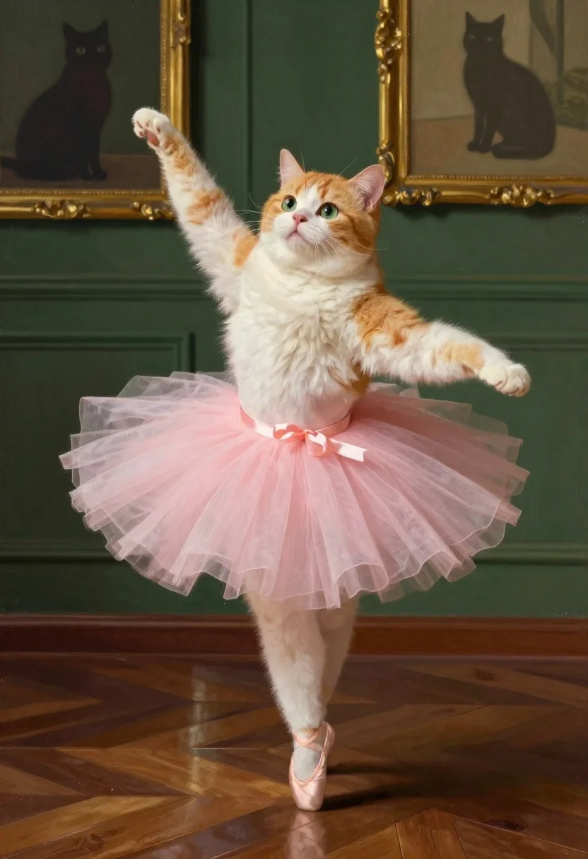 Chubby cat in pink tutu posing like ballet dancer