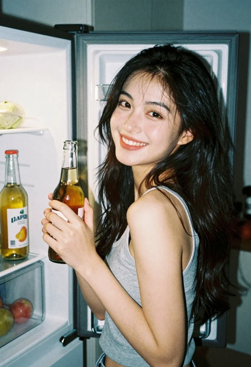 Young woman with dark hair smiling holding bottle in dimly lit kitchen - AI generated image prompt sample