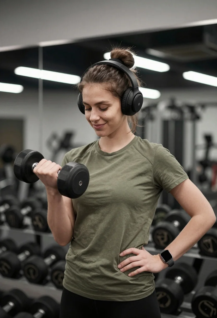 Young woman lifting dumbbell in modern gym setting with headphones - AI generated image prompt sample