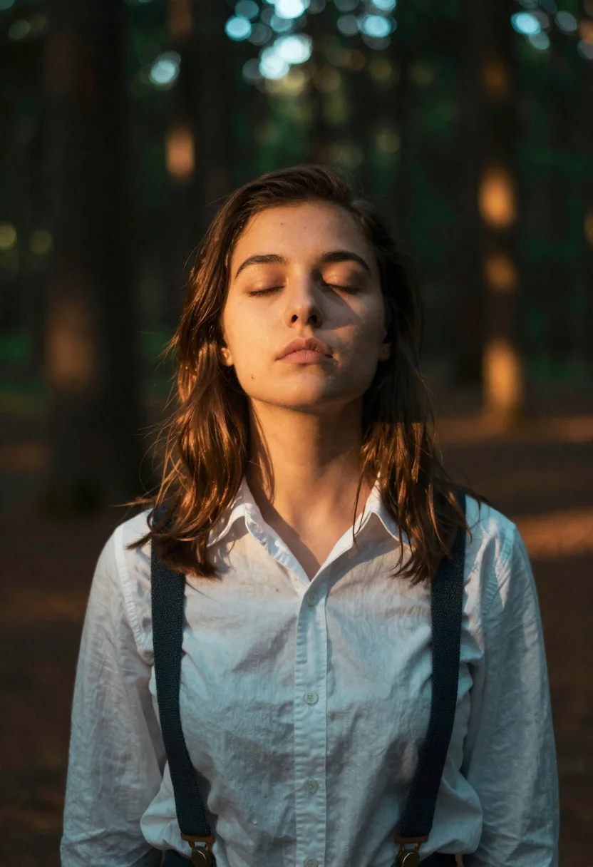 Woman with closed eyes in sundappled forest