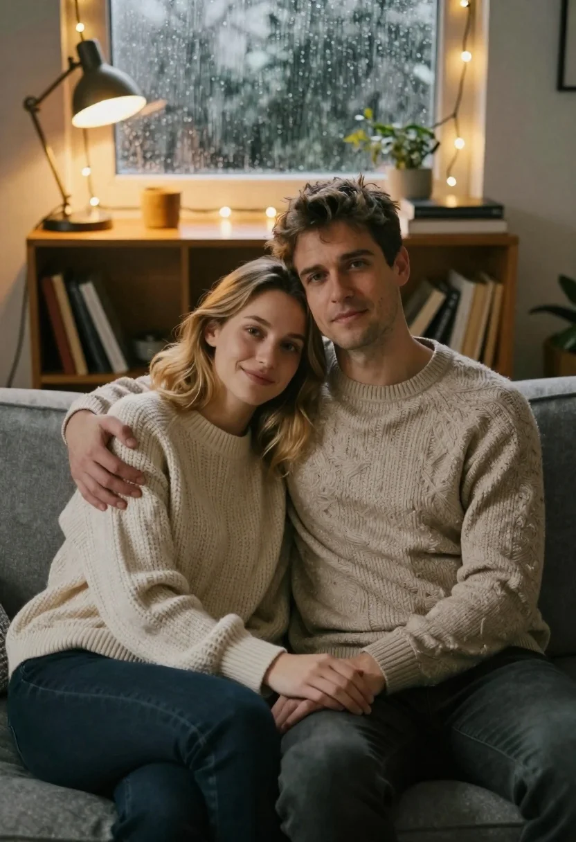 Couple embracing on couch by window with warm light
