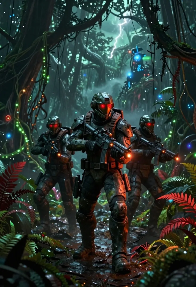 Futuristic soldier squad in bioluminescent alien jungle